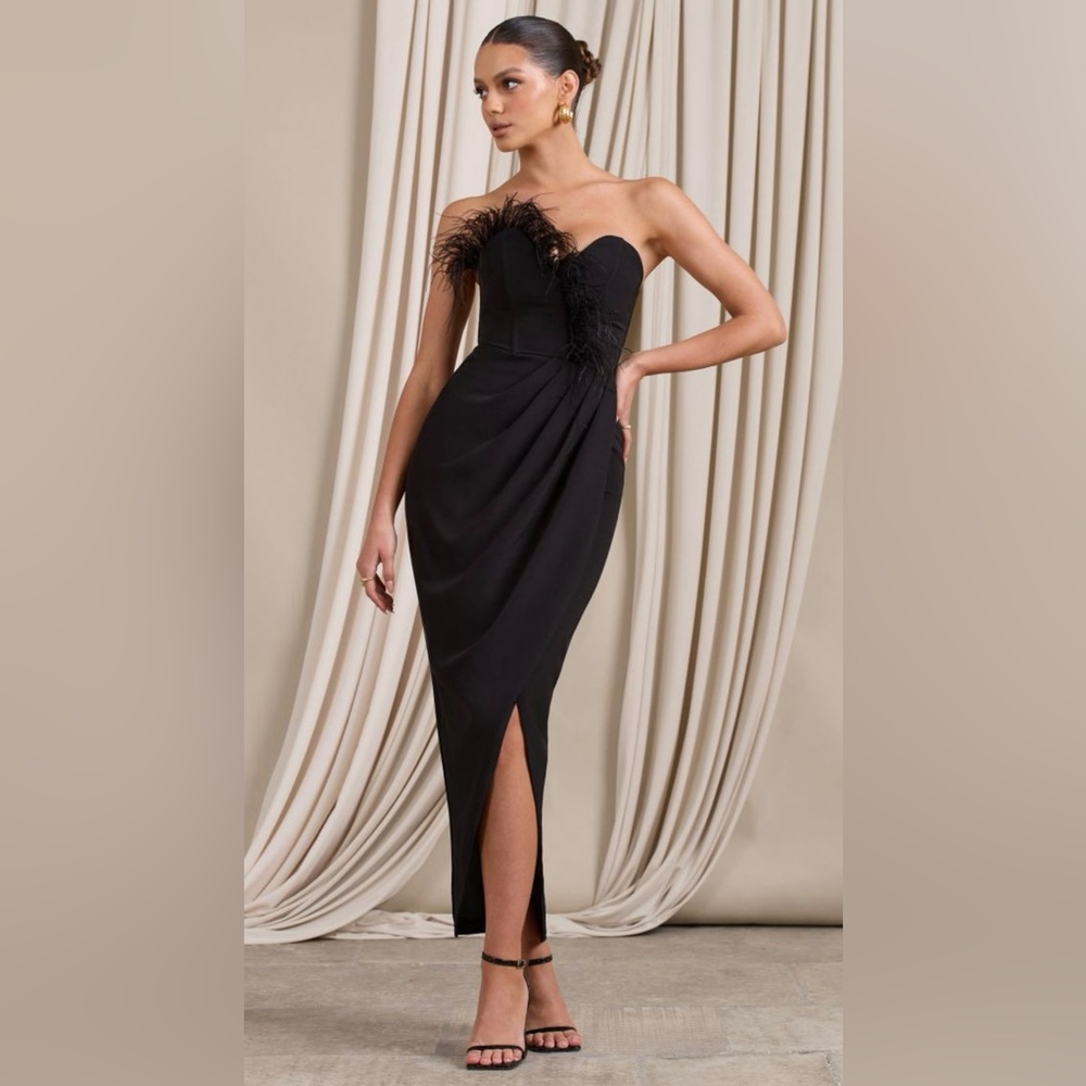 NEW with tags Club L London Bandeau Thigh Split Maxi Dress With Feather Trim